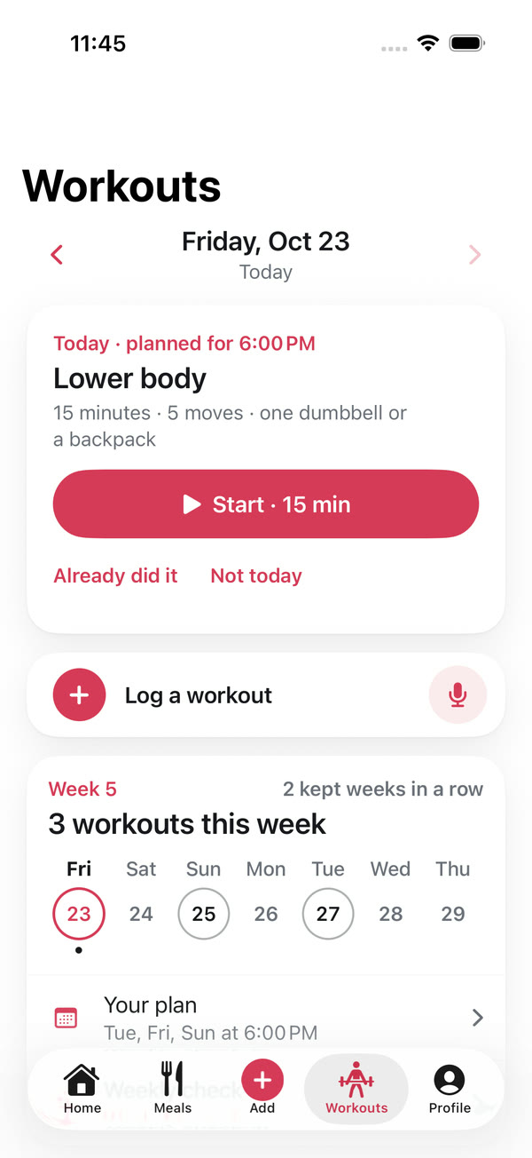 Debut's Workouts screen: today's 15-minute lower-body session, planned for 6:00 PM, with a Start button, and the week below it: 3 workouts this week, 2 kept weeks in a row.