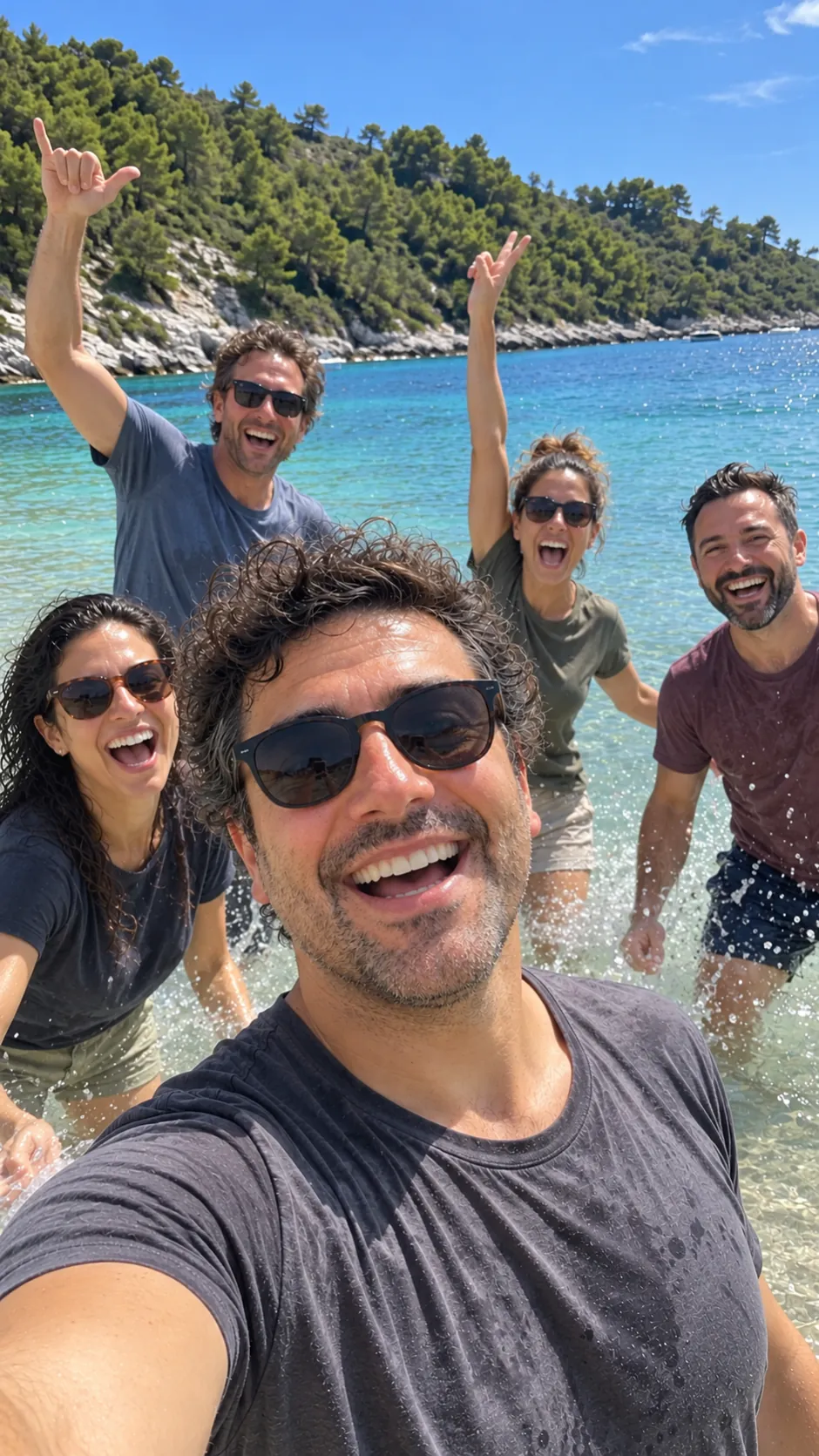 AI-generated example of a future self: a grinning man's beach selfie in sunglasses, his friends jumping in the water behind him.